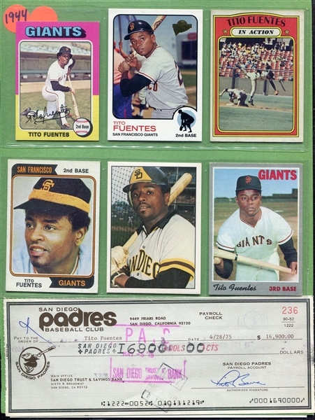 Tito Fuentes Signed Padres Payroll Check With 7 Cards & Photo