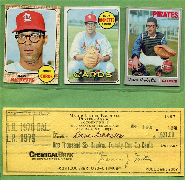Dave Ricketts Signed Check With 3 Vintage Cards
