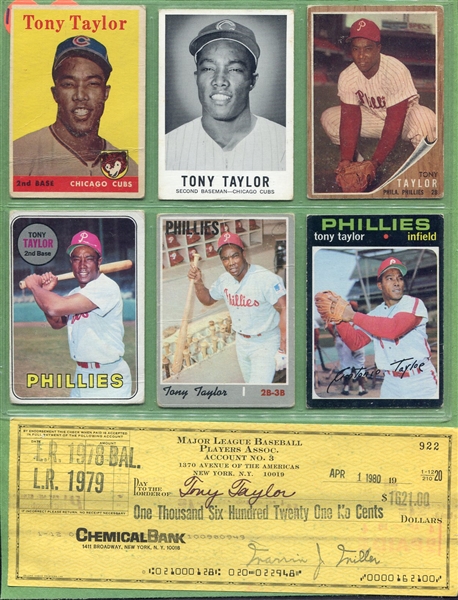Tony Taylor Endorsed Check With 11 Vintage Cards