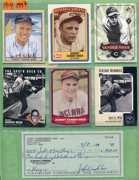 Johnny Vander Meer Signed Personal Check & Photo With 7 Cards