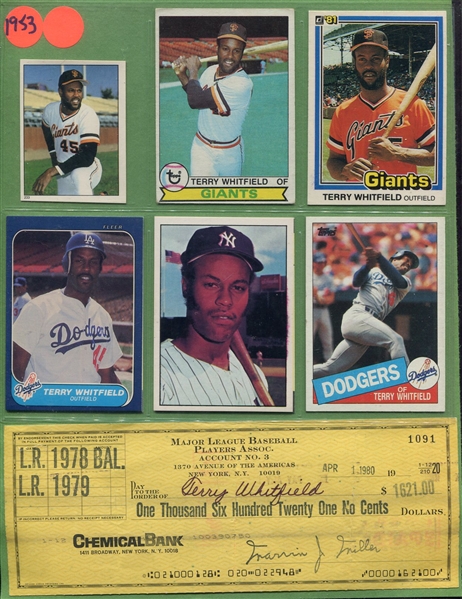 Terry Whitfield Endorsed Check With 19 Vintage Cards/Stickers