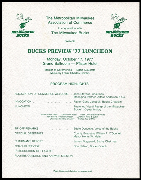 1977 Milwaukee Bucks Preview Luncheon Program
