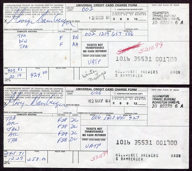 1981 Milwaukee Brewers Airline Credit Card Receipts Signed by George Bamberger