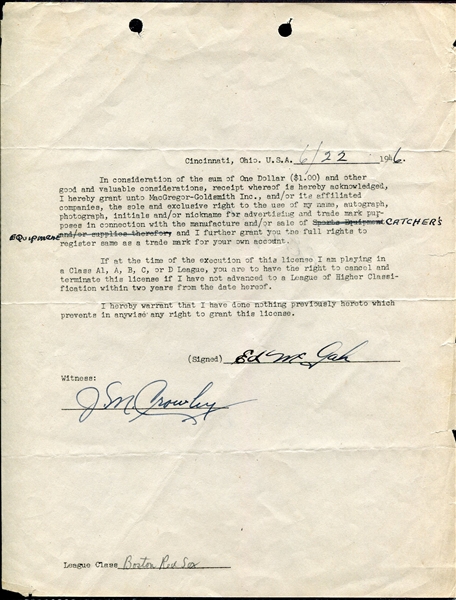 1946 Ed McGah Twice Signed Endorsement Contract