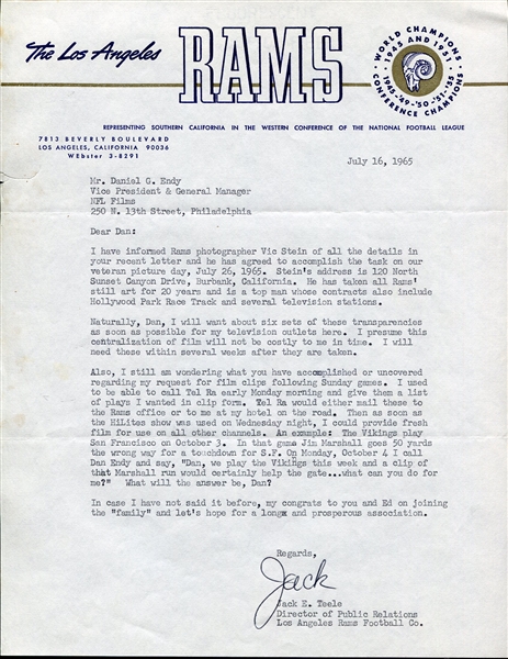 1965 Los Angeles Rams Team Letterhead Letter
