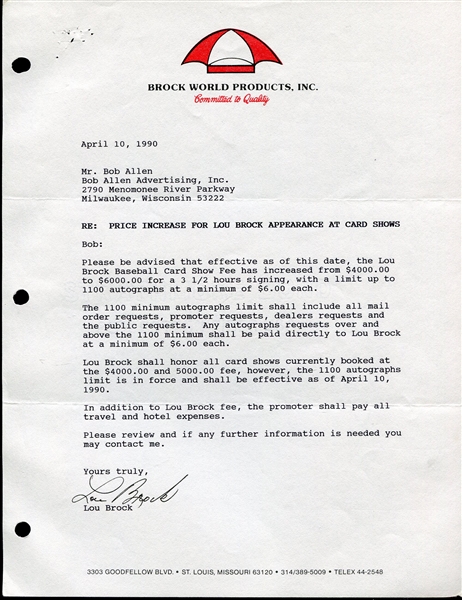 Lou Brock 3 Signed Brock World Letters & Show Signing Fees