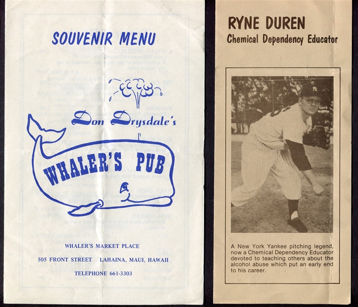 Don Drysdales Whalers Pub Menu & Ryne Duren Chemical Dependency Brochure