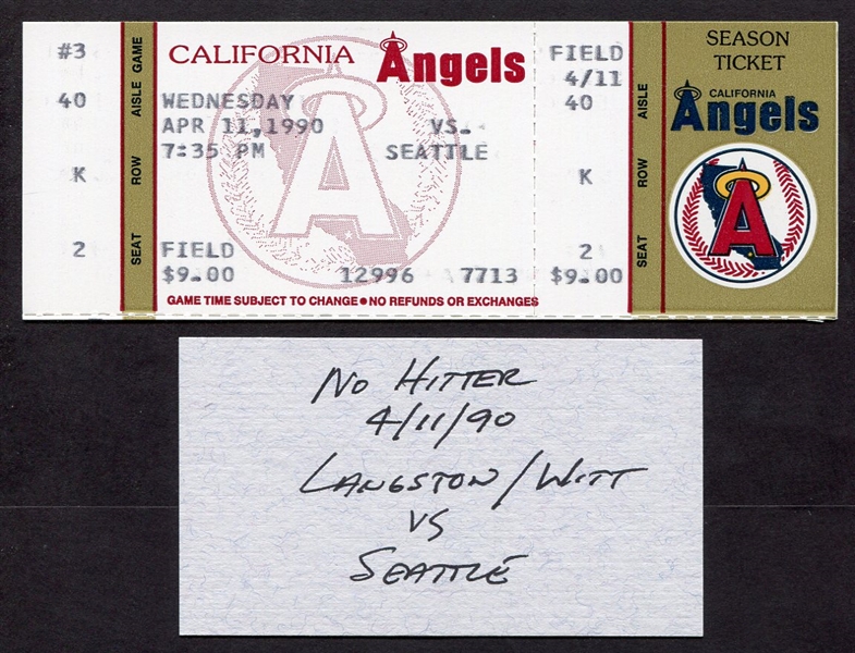 April 1990 Angels vs. Seattle Full Ticket Langston/Witt Combo No-Hitter