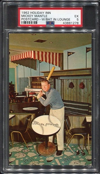 1962 Holiday Inn Mickey Mantle Postcard W/Bat in Lounge PSA 5