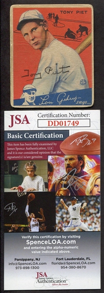 1934 Goudey Tony Piet Autographed JSA Certified