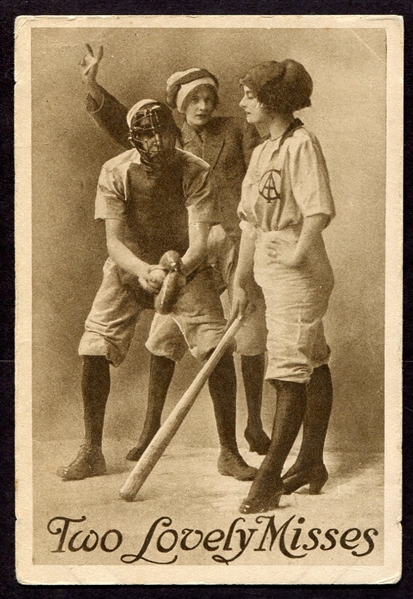 1910 Postcard Two Female Baseball Players " Two Lovely Misses "