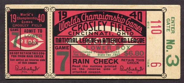 1940 World Series Ticket Stub Game 7