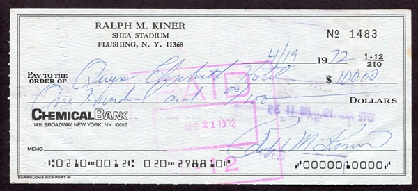 Ralph Kiner Signed & Endorsed Personal Check