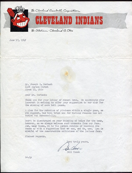 1949 Signed Type Written Bill Veeck Letter on Indians Club Stationery PSA/DNA