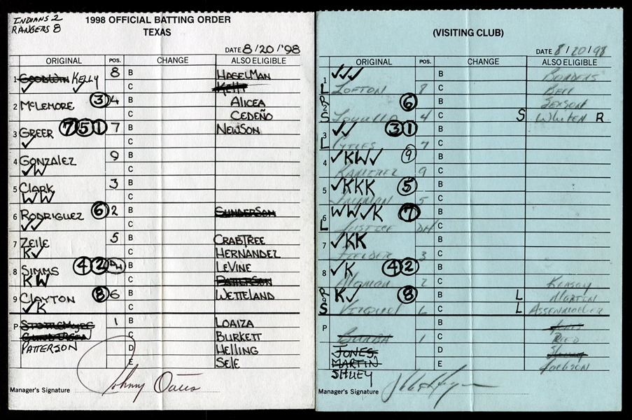 1998 Texas Rangers & Cleveland Indians Lineup Cards