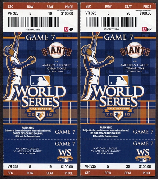 2010 Worlds Series Game 7 Phantom Tickets San Francisco Giants