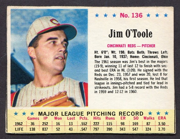 1963 Jell-O #136 Jim OToole Tough Short Print
