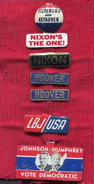 7 Presidential Campaign Lapel Pins Hoover, LBJ, Nixon, Stevenson
