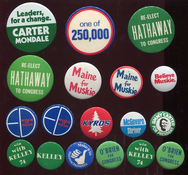 18 Campaign Pins 1970s-80s McGovern Muskie Carter Kelley OBrien Kyros