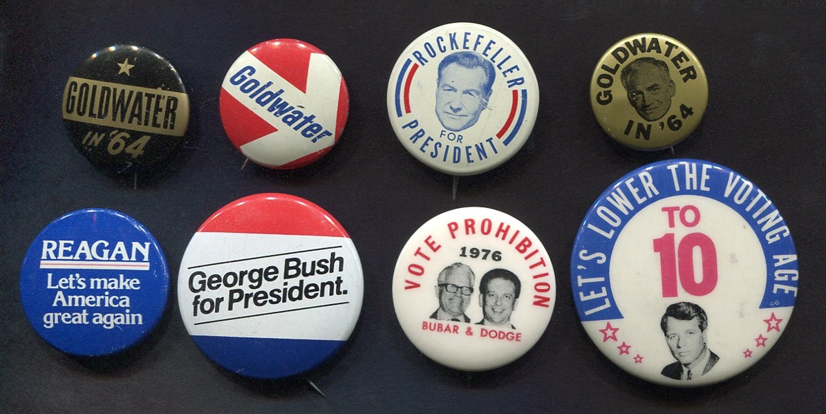 8 Campaign Pins Goldwater Rockefeller Reagan Bush Anti Bobby Kennedy Prohibition Party