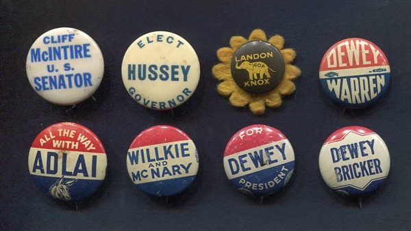 8 Campaign Pins 1930s-1960s Landon Dewey Hussey Stevenson McIntire Willkie
