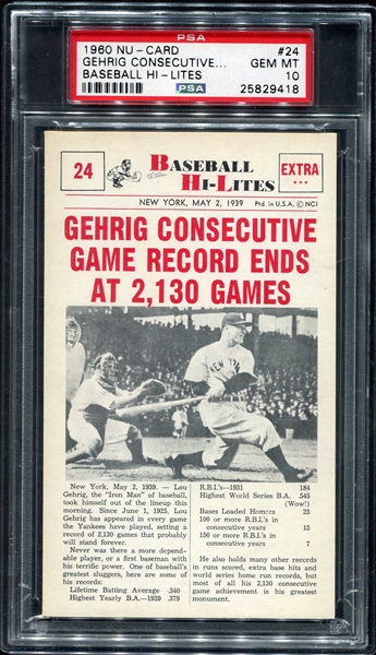 1960 Nu-Card #24 Gehrig Consecutive Game Record Ends PSA 10 Pop 1