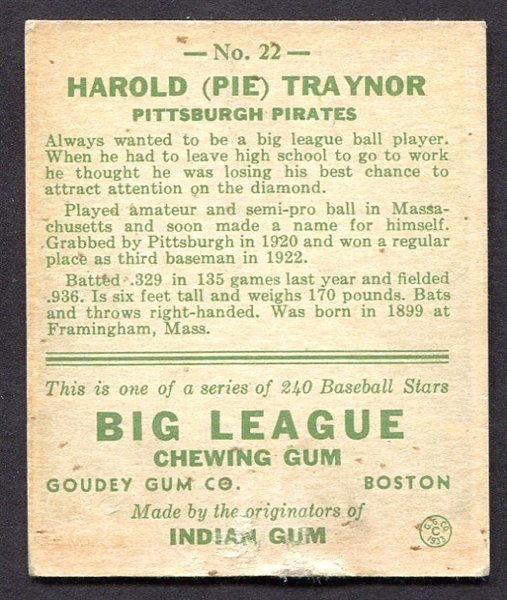 1933 Goudey #22 Harold Pie Traynor Pittsburgh Pirates HOFer