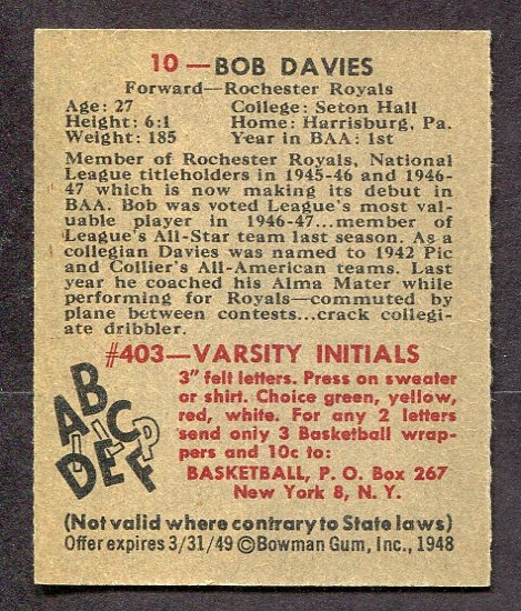 1948 Bowman Basketball #10 Bob Davies Rochester Royals Nrmt