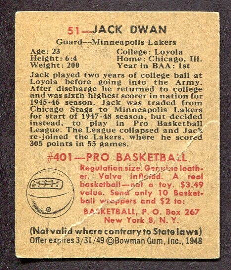 1948 Bowman Basketball #51 Jack Dwan Minneapolis Lakers