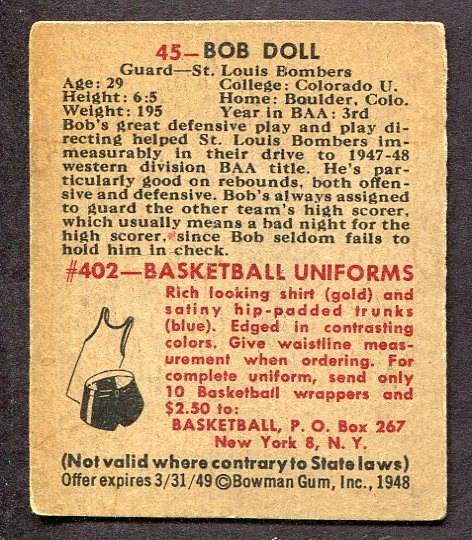 1948 Bowman Basketball #45 Bob Doll St. Louis Bombers 