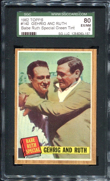 1962 Topps #140 Gehrig & Ruth Green Tint SGC 80