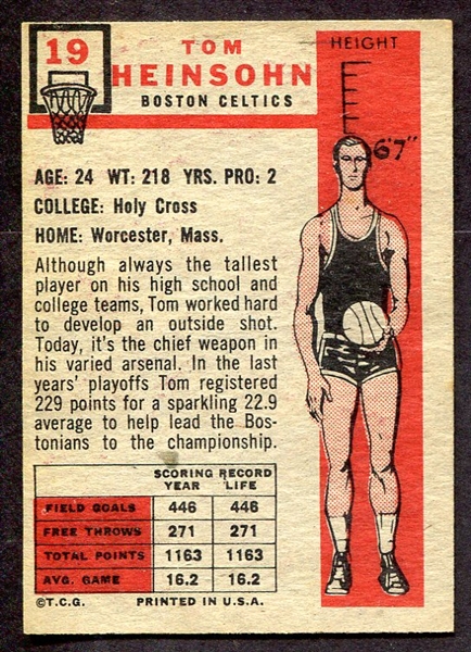 1957 Topps Basketball #19 Tom Heinsohn Boston Celtics