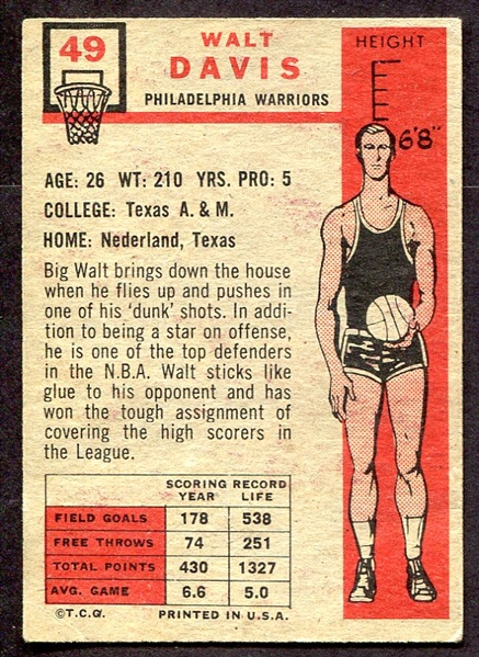 1957 Topps Basketball #49 Walt Davis Philadelphia Warriors
