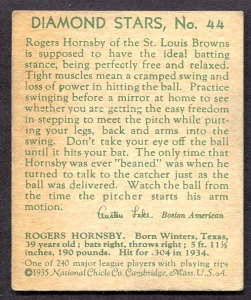 1935 Diamond Stars #44 Rogers Hornsby St. Louis Browns