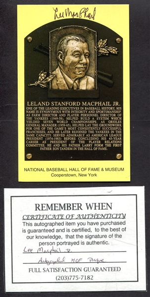 1964 to Date Yellow HOF Plaque Postcard Lee McPhail Autographed w/Cert