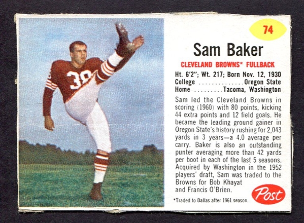 1962 Post Cereal Football #74A Sam Baker Red Asterisk