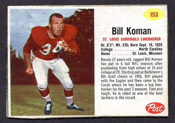 1962 Post Cereal Football #153 Bill Koman SP