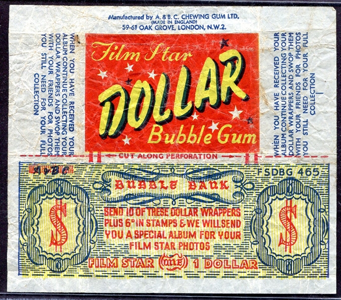 1950s A & B. C. Chewing Gum Dollar Film Stars Wrapper