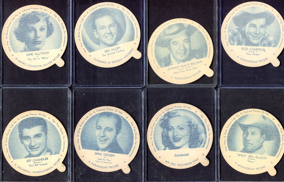 1952 Dixie Lids Movie Stars Complete Set of 24 Most w/Original Wax Paper Protector