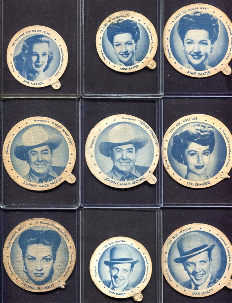 1950 Dixie Lids Movie Stars Near Set 19 of 24 w/Dupes & Size Variations
