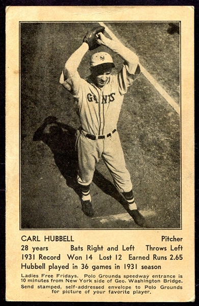 1932 New York Giants Carl Hubbell Schedule Postcard 