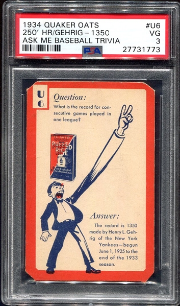 1934 Quaker Oats Ask Me Baseball #U6 Gehrig/Home Run PSA 3