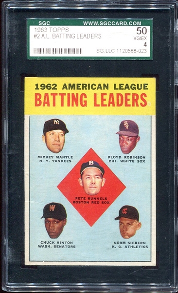 1963 Topps #2 AL Batting Leaders w/Mantle SGC 50/4