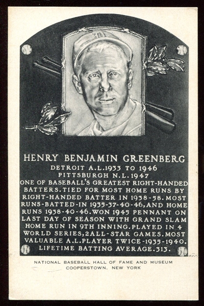 Hank Greenberg 1955-63 Artvue HOF Plaque Postcard