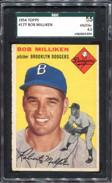 1954 Topps #177 Bob Milliken Brooklyn Dodgers SGC 55