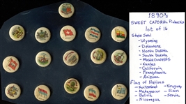 1890s Sweet Caporal State Seals & Flag of Nations Pins