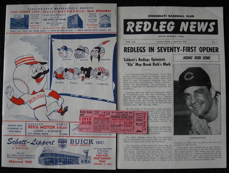 1955 Cincinnati Reds Opening Day Program & Ticket