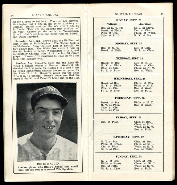 1941 Blacks Annual Baseball Schedule w/Joe DiMaggio