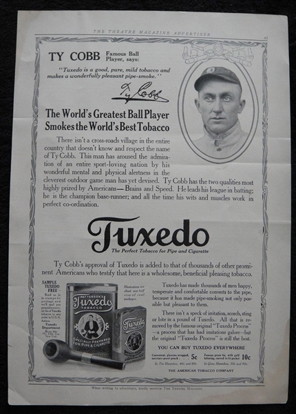 Circa 1913-15 Tuxedo Tobacco Magazine Ad Ty Cobb
