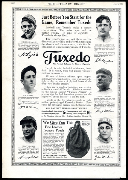 1914 Tuxedo Tobacco Magazine Ad w/ Mathewson & Lajoie
